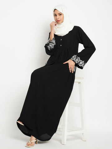 Nabia Embroidery Work Solid Black Abaya Burqa For Women With Black Scarf