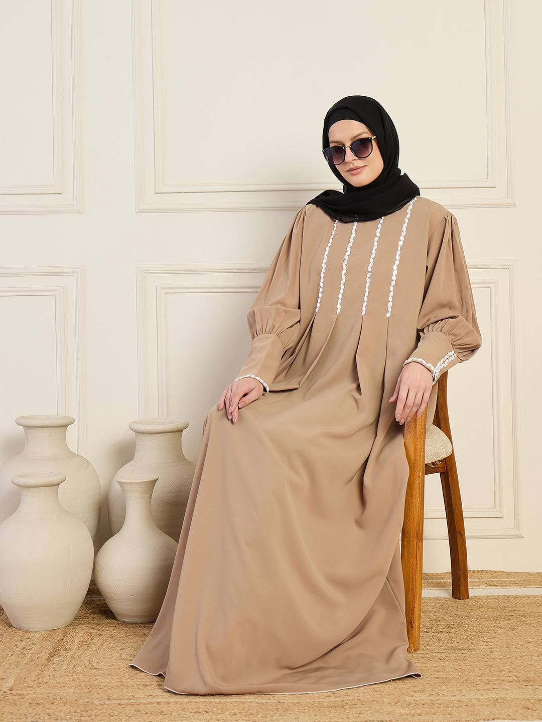 Nabia Beige Solid Luxury Handworked Abaya Burqa for Women with Black Georgette Hijab