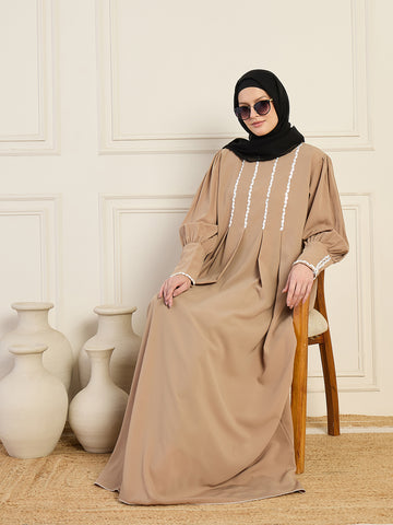 Nabia Beige Solid Luxury Handworked Abaya Burqa for Women with Black Georgette Hijab