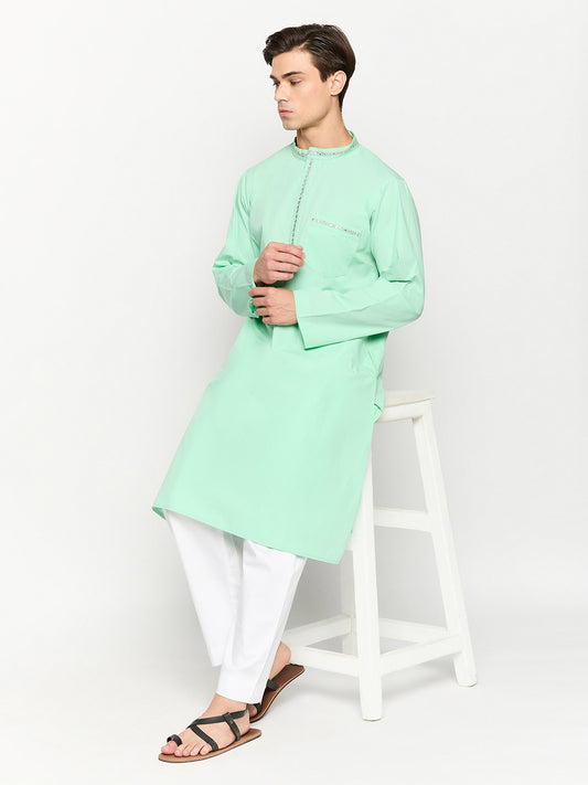 Green Solid Embroidery Details Kurta For Men