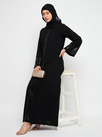 Nabia Embroidery Slip-On Closure Round Neck Black Abaya Burqa With Black Scarf