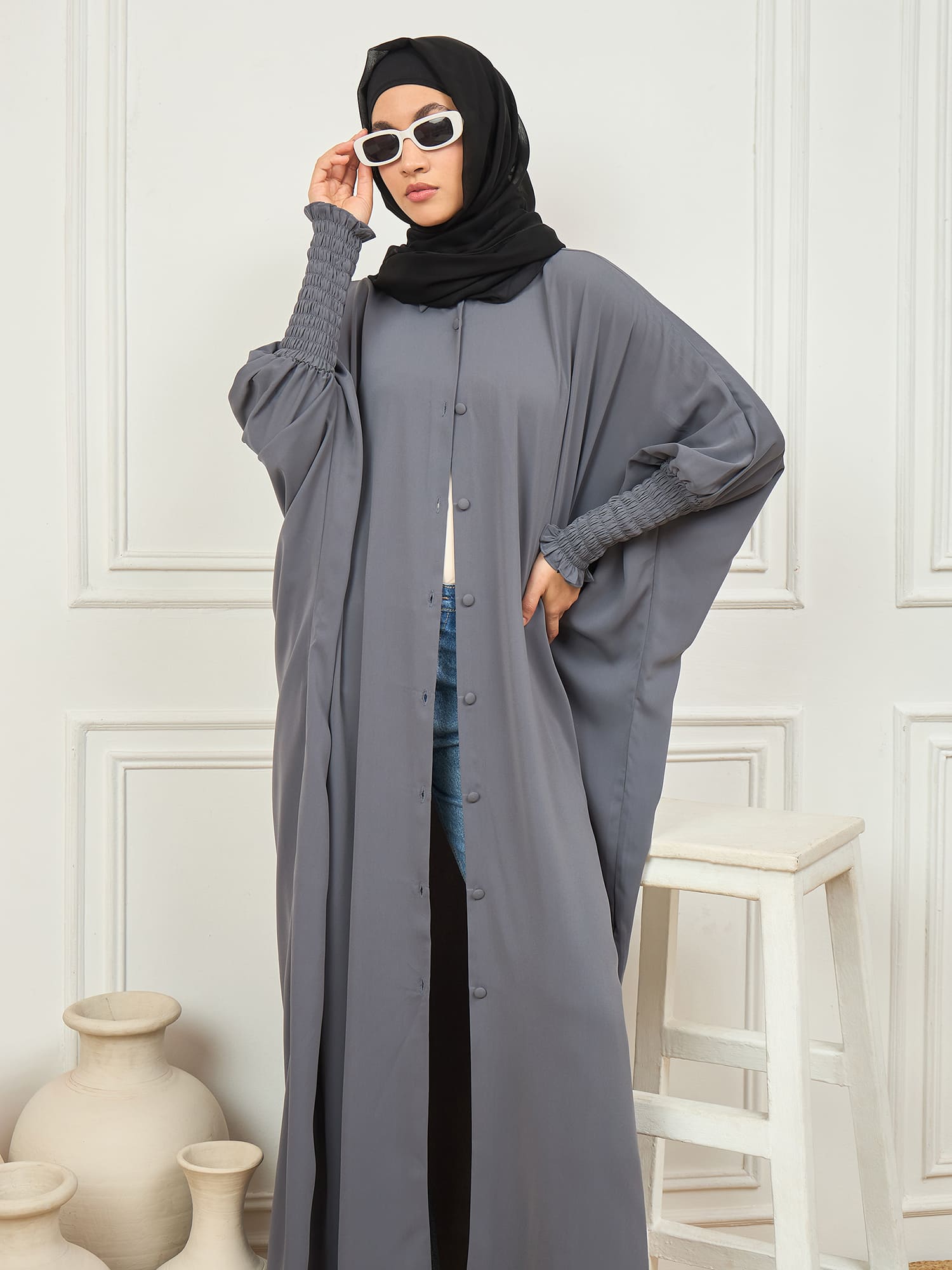 Nabia Grey Free Size Kaftan Abaya With Black Georgette Scarf