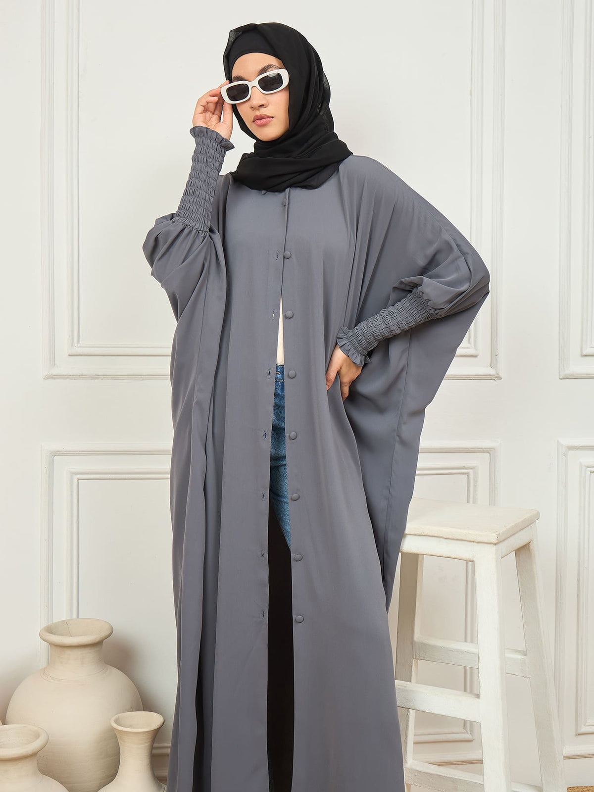 Nabia Grey Free Size Kaftan Abaya With Black Georgette Scarf