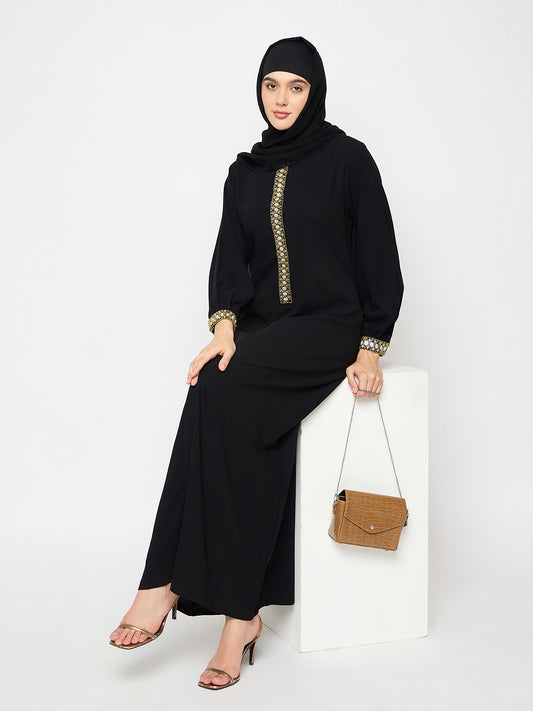 Nabia Black Solid Handwork Abaya with Black Hijab