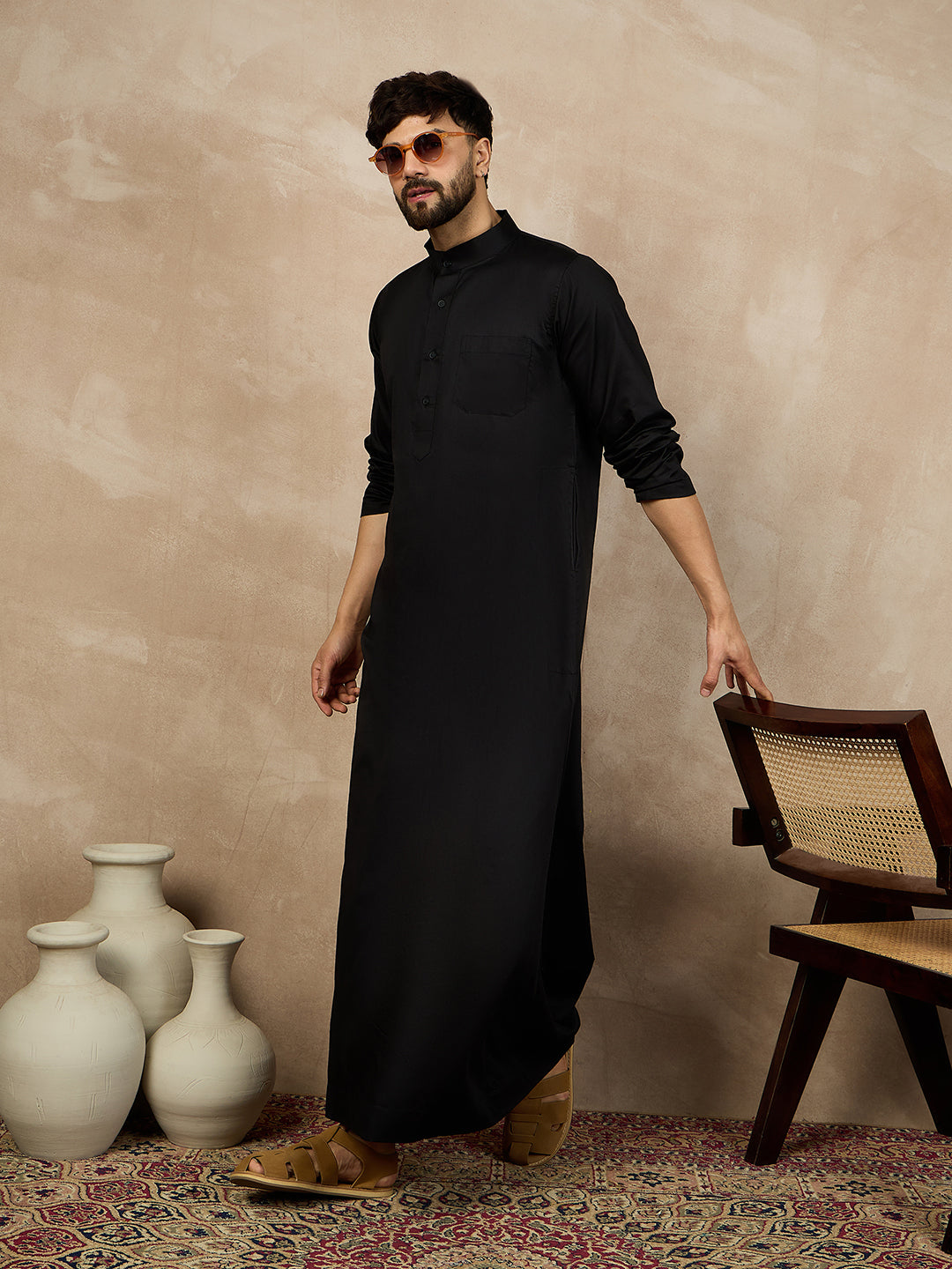 Nabia Black Mandarin Collar Cotton Jubba/Thobe
