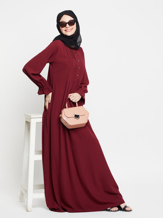 Maroon Solid A-line Abaya with Black Georgette Scarf
