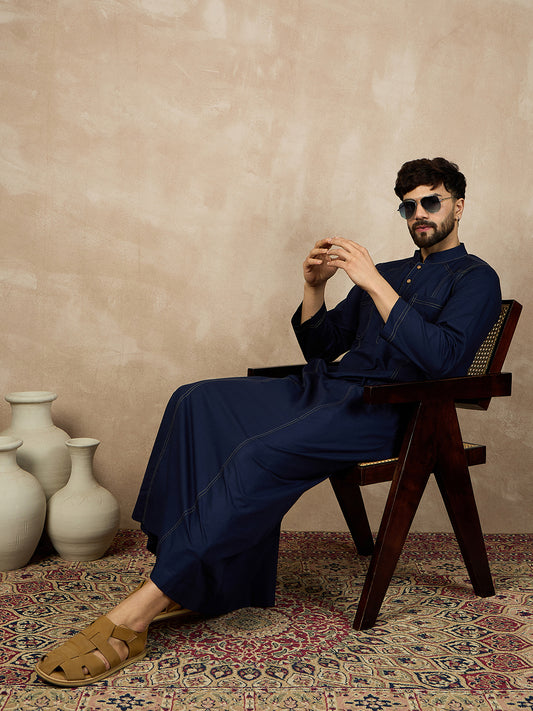 Nabia Blue Solid Men's Cotton Jubba/Thobe