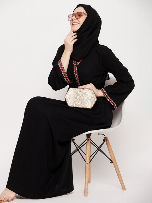 Nabia Black Abaya/Burqa with Black Georgette Scarf for Women