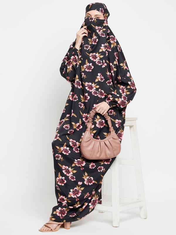 Nabia Black Floral Printed Free Size Adjustable Nosepiece Jilbab Abaya for Girls and Women