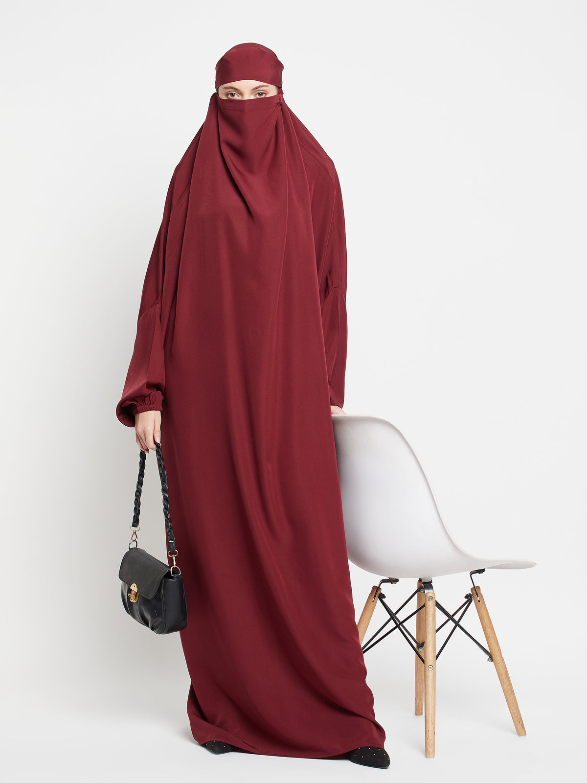 Nabia Maroon Solid Free Size Adjustable Nosepiece Jilbab Abaya for Girls and Women