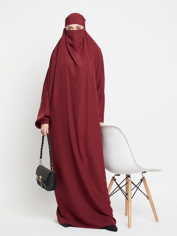 Nabia Maroon Solid Free Size Adjustable Nosepiece Jilbab Abaya for Girls and Women