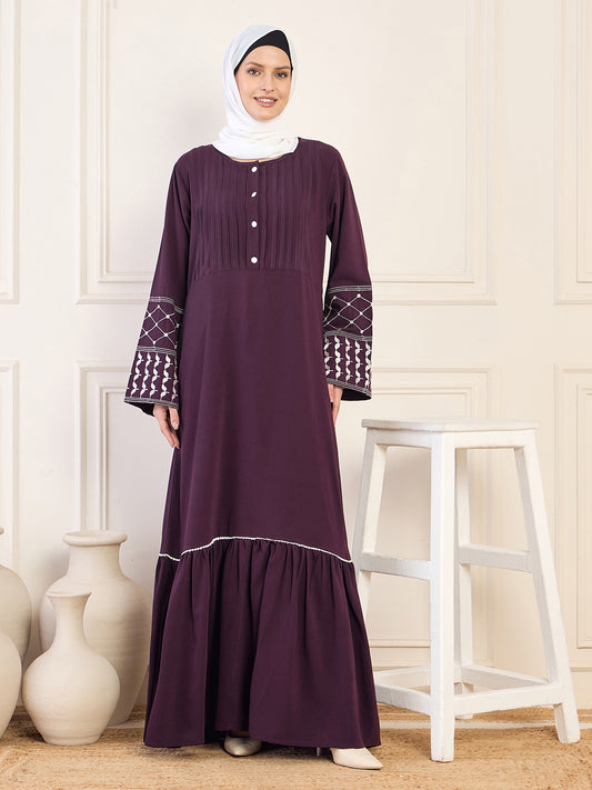 Nabia Kefiyyeh Embroidery Purple  Abaya with White Georgette Hijab