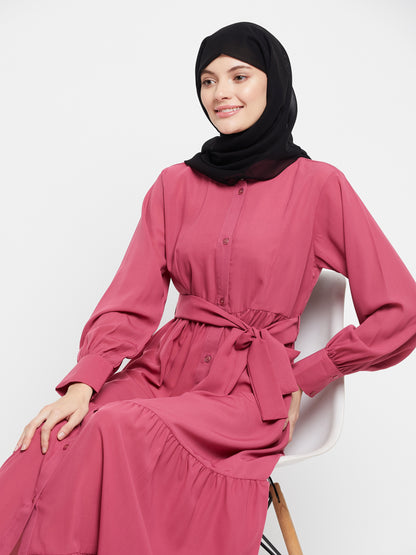 Pink Solid Front Open Frilled Abaya with Black Georgette Scarf