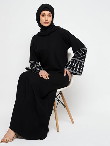 Nabia Kefiyyeh Embroidery Front Zip Closure Black Abaya Burqa With Black Scarf