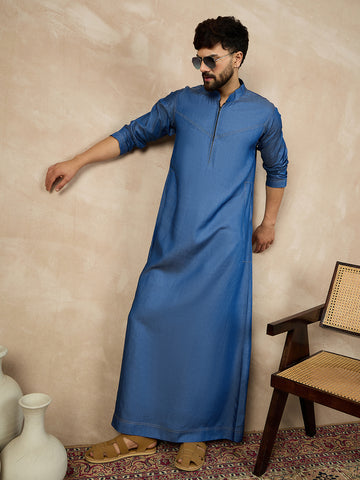 Nabia Blue Solid Zip Closure Denim Jubba / Thobe For Men
