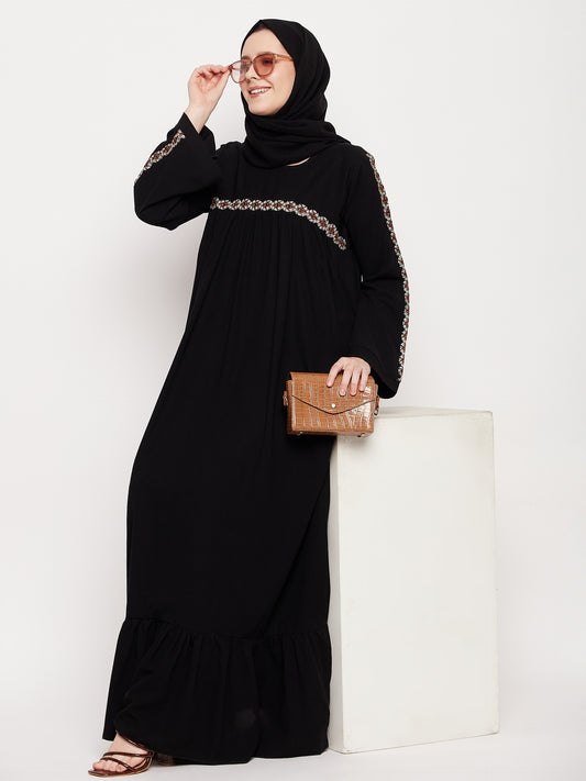 Nabia Women Black Solid Abaya Burqa with Black Georgette Scarf