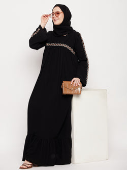 Nabia Women Black Solid Abaya Burqa With Black Georgette Scarf