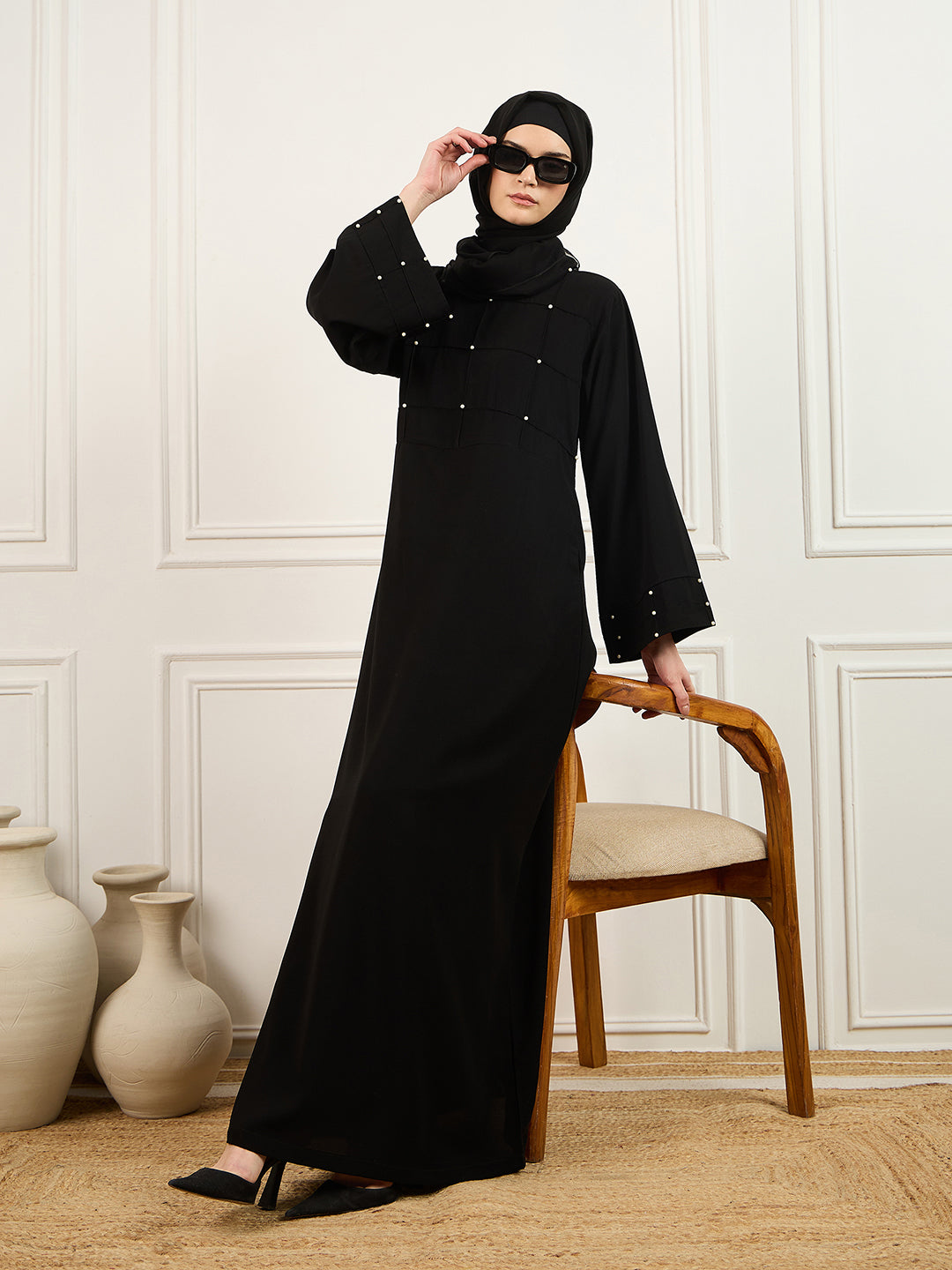 Nabia's Pearl design black Solid abaya burqa with Matching Georgette Hijab
