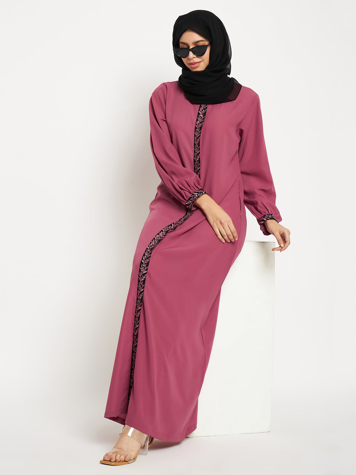 Nabia Embroidery Work Solid Pink Front Open Abaya Burqa For Women With Black Scarf