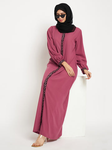 Nabia Embroidery Work Solid Pink Front Open Abaya Burqa For Women With Black Scarf