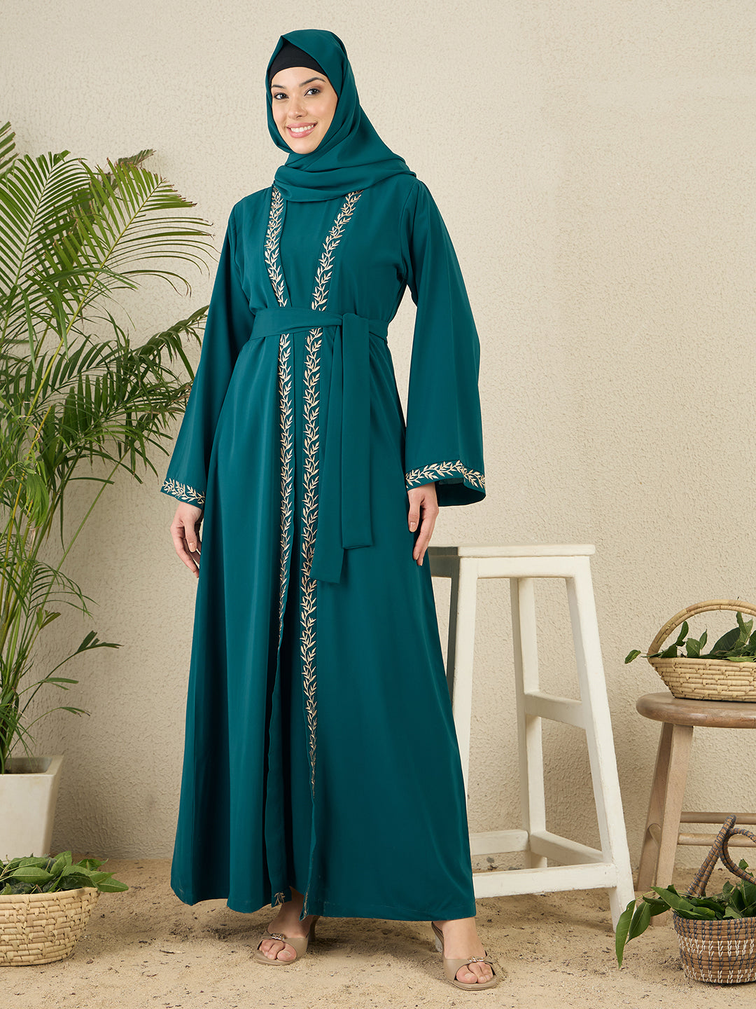2 Piece Embroidered Green Shrug Set Abaya with Black Hijab