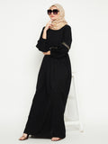 Nabia Women Embroidery Black Abaya/Burqa With Black Georgette Scarf