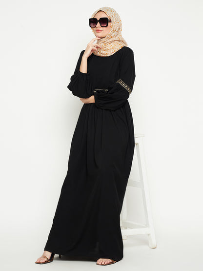 Nabia Women Embroidery Black Abaya/Burqa With Black Georgette Scarf