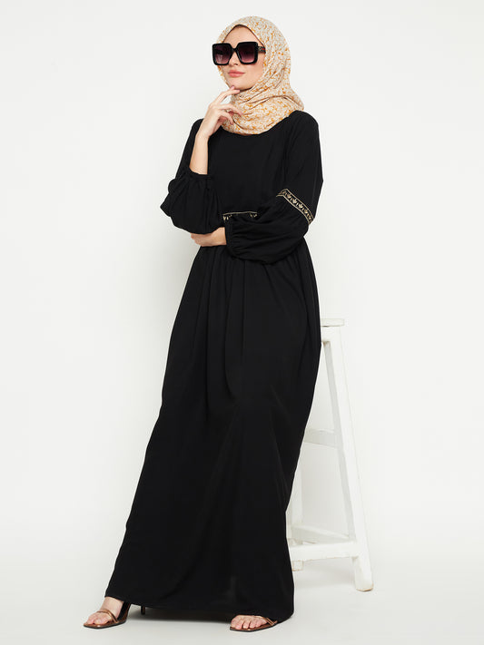Nabia Women Embroidery Black Abaya/Burqa With Black Georgette Scarf