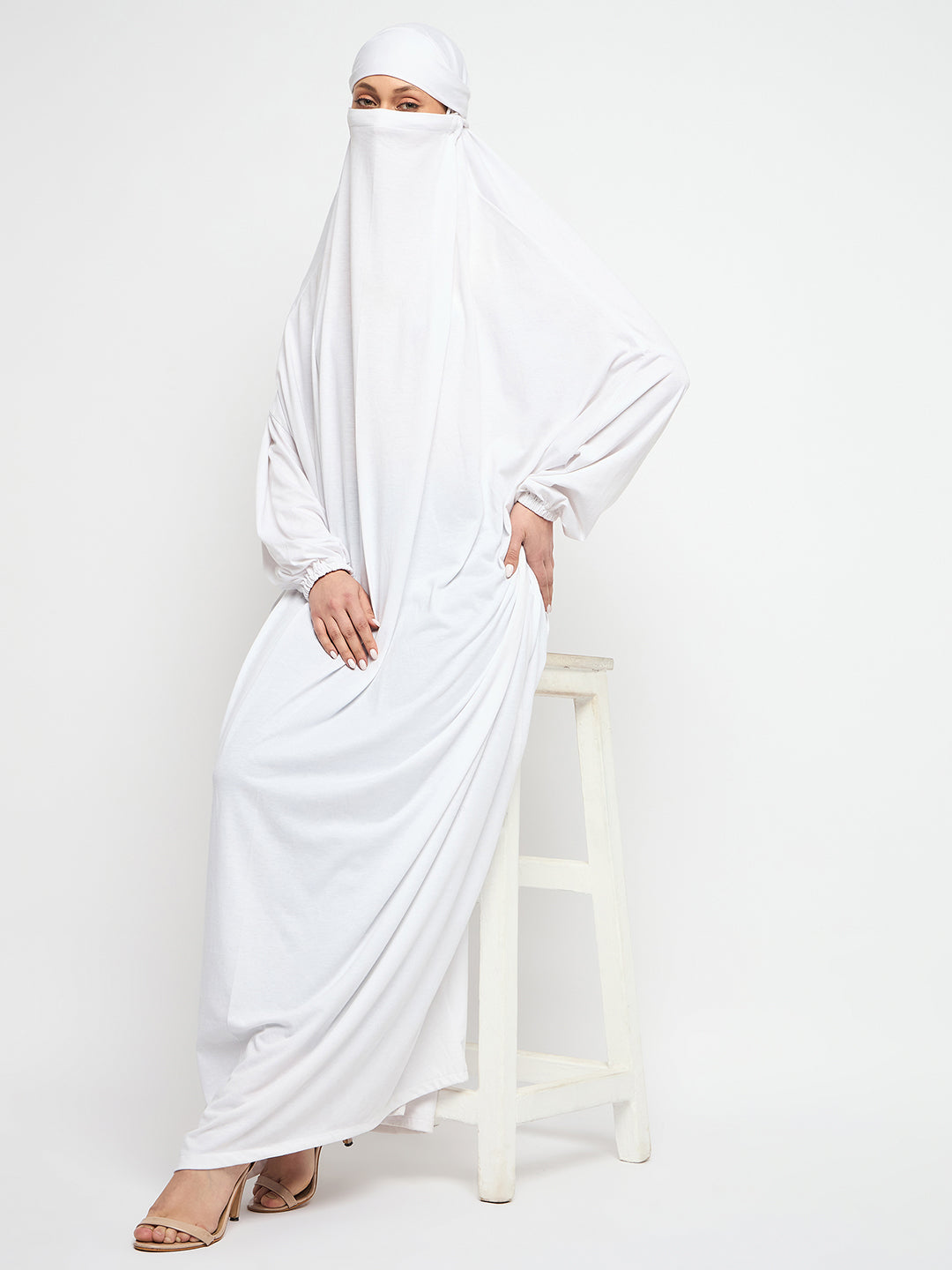 Nabia White Free Size Adjustable Nosepiece Cotton Fabric Jilbab Abaya for Girls and Women