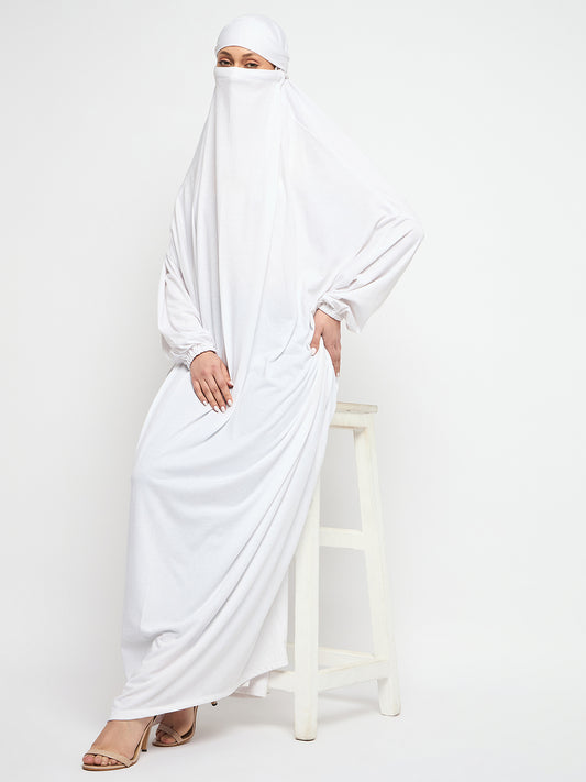 Nabia White Free Size Adjustable Nosepiece Cotton Fabric Jilbab Abaya for Girls and Women