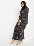 Black Front Open printed Abaya with Georgette Scarf