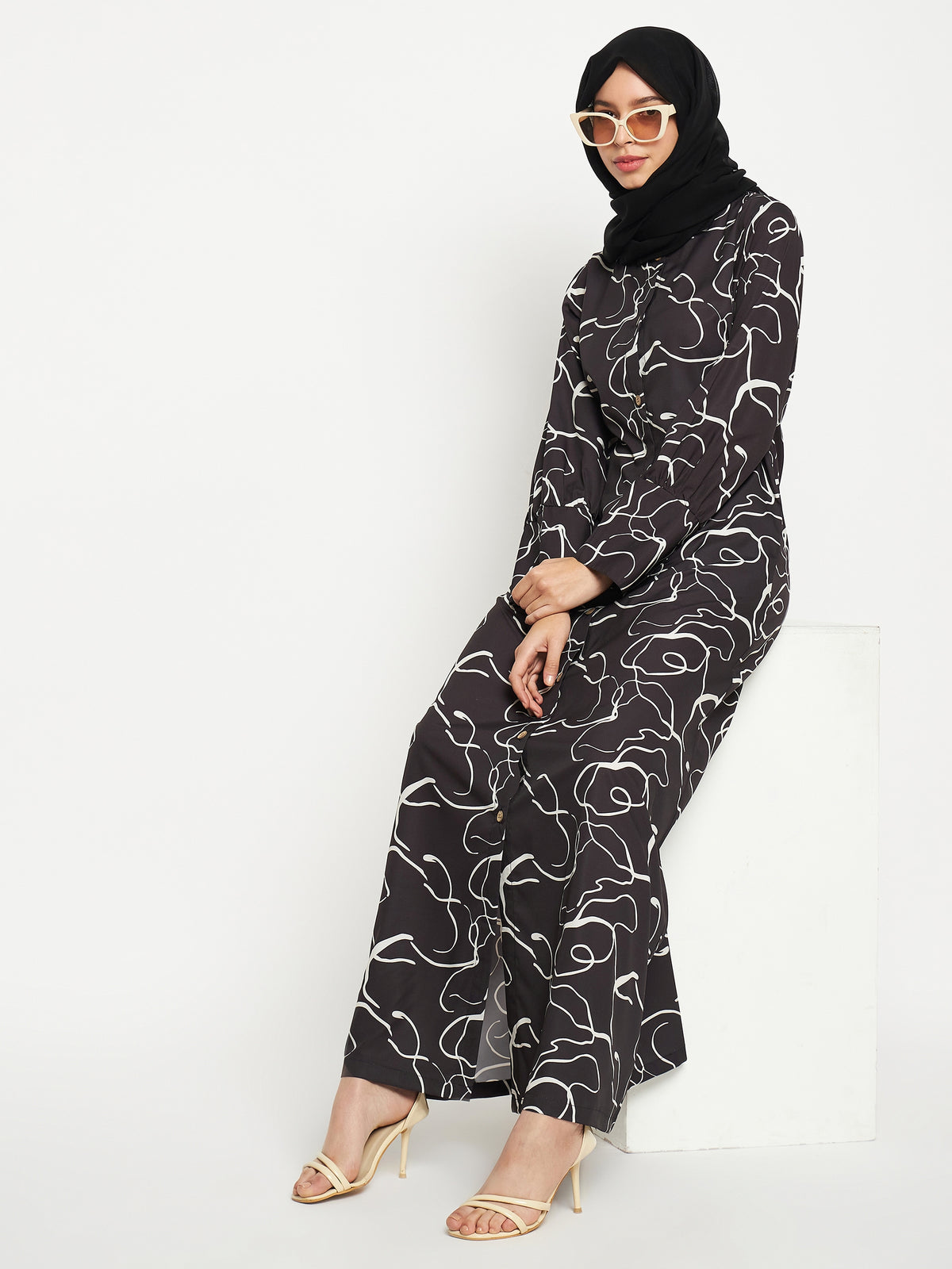 Black Front Open printed Abaya with Georgette Scarf