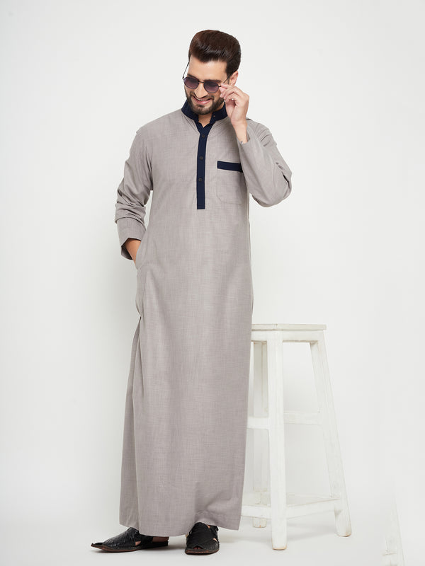 Nabia Grey Solid Band Collar Thobe / Jubba For Men with Blue Piping Design