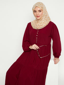 Nabia Women Maroon Solid Frilled Abaya Burqa With Black Georgette Scarf