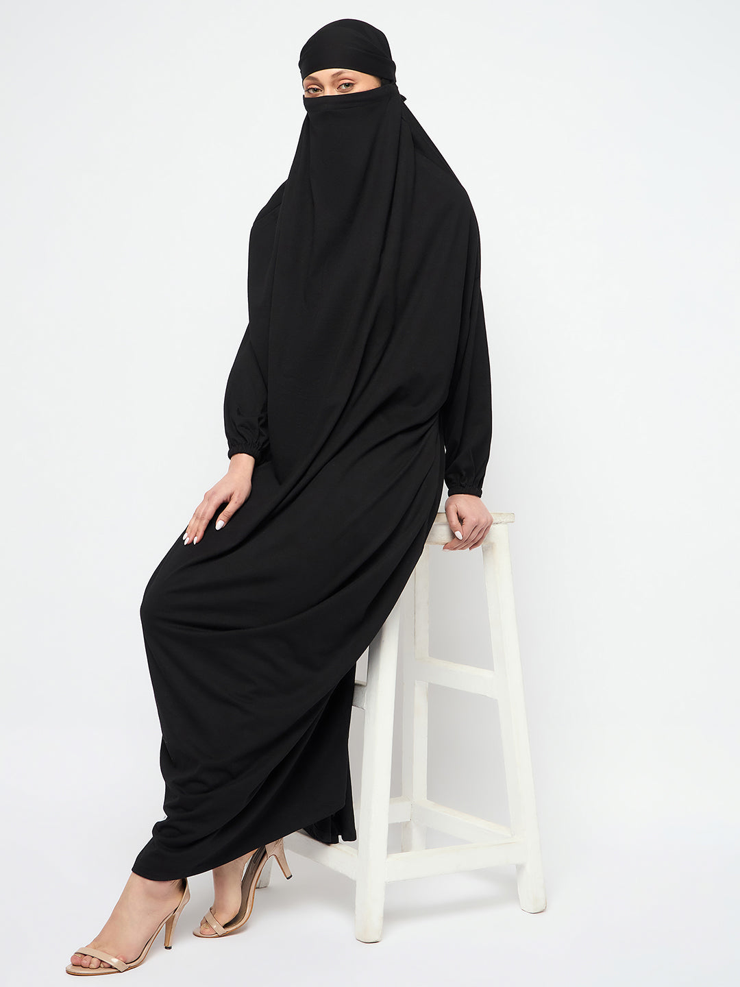 Nabia Black Free Size Adjustable Nosepiece Cotton Fabric Jilbab Abaya for Girls and Women