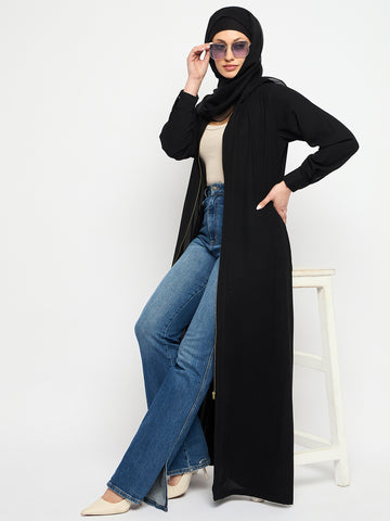 Nabia Front Open Zip-Closure Black Abaya Dress with Black Scarf Nabia Front Open Zip-Closure Black Abaya Dress with Black Scarf