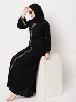 Nabia Women Black Solid Nida Matte Fabric Abaya Burqa With Black Georgette Scarf