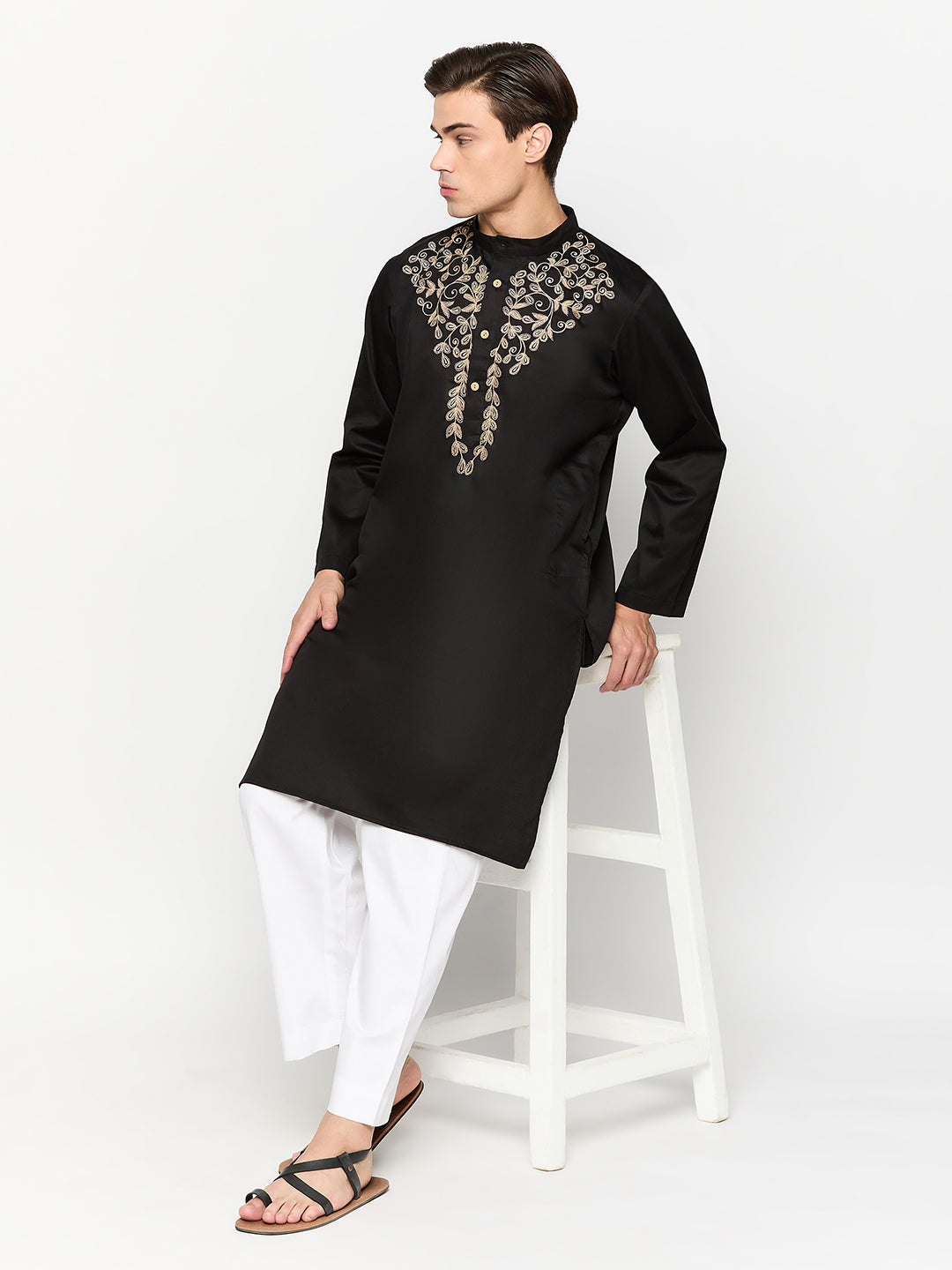 Black Solid Men's Kurta Pajama Set With Embroidery Details