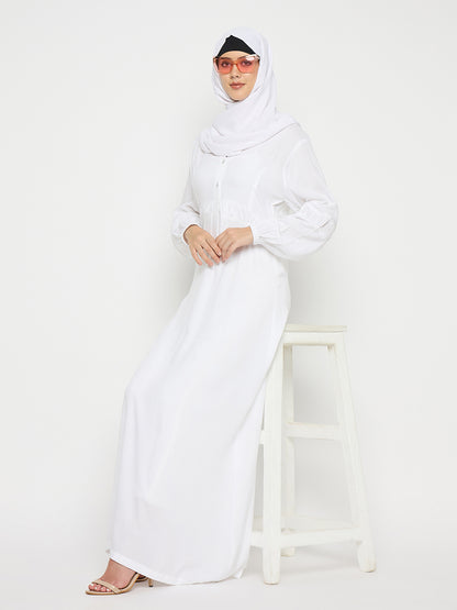 White Rayon V-Neck Solid Abaya with Black Hijab