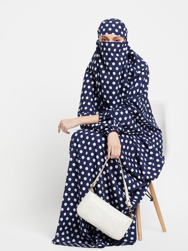 Nabia Blue and White Polka Dot Printed Free Size Jilbab Abaya for Girls and Women