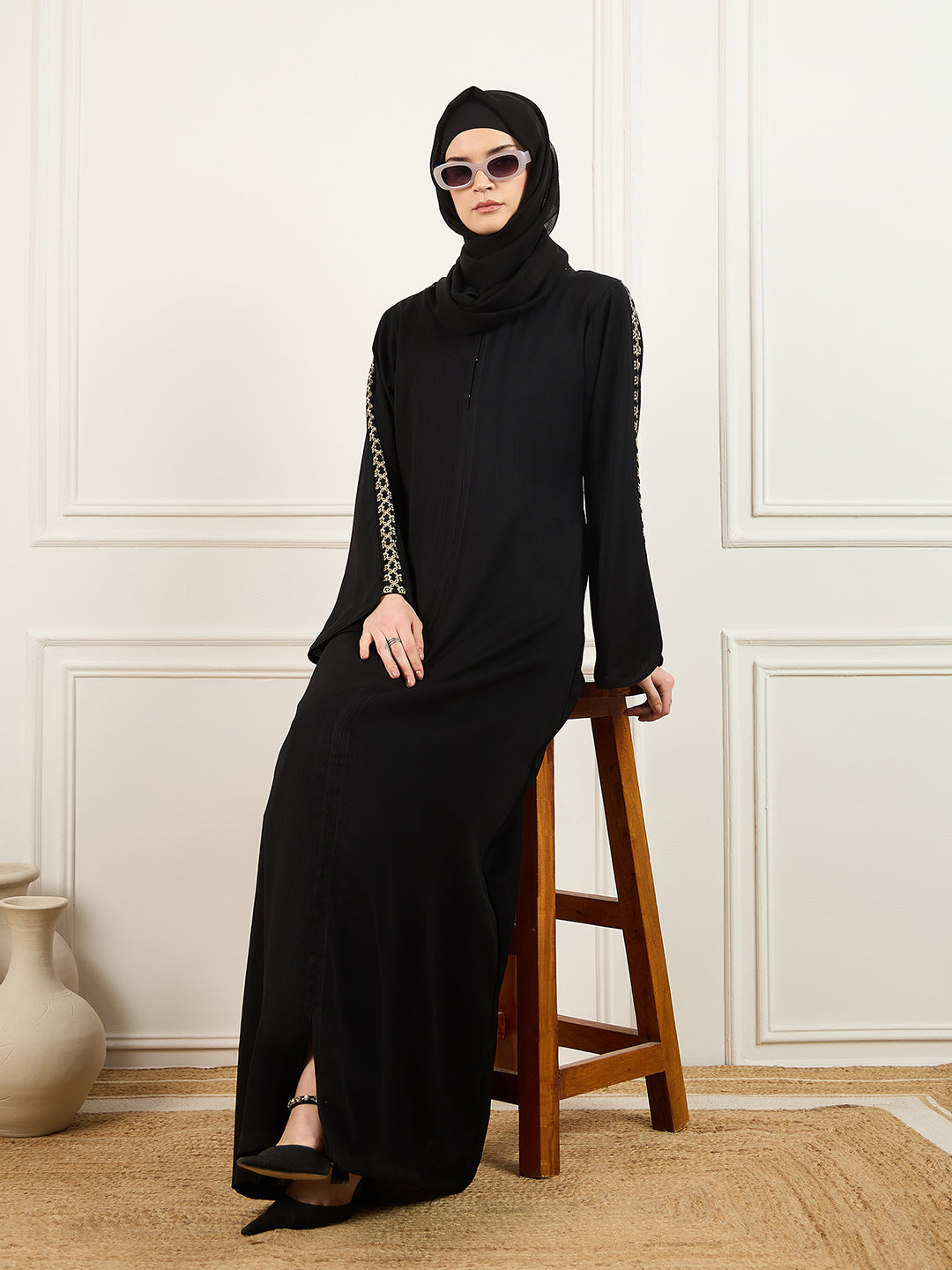 Nabia Embroidery Detailing Abaya Burqa in Black With Matching Georgette Hijab