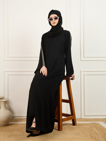 Nabia Embroidery Detailing Abaya Burqa in Black With Matching Georgette Hijab