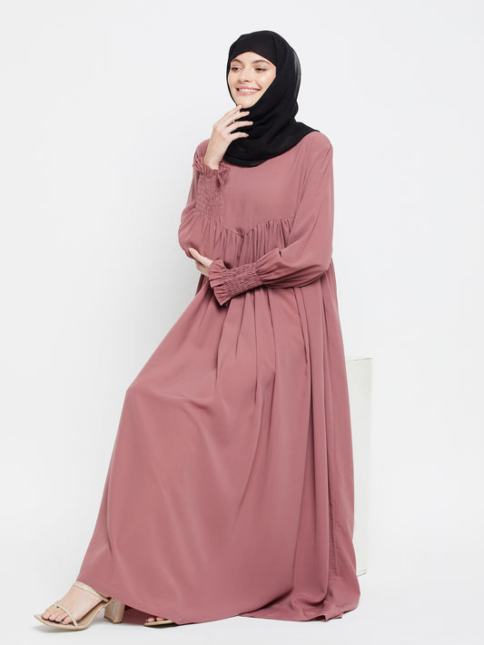 Fuce Pink Solid A-line Abaya with Black Georgette Scarf