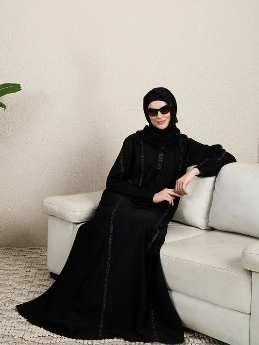 Elegant Black Embroidered Abaya for women with black hijab