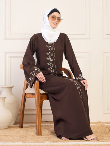 Nabia Brown Solid Hand Work Detailing Luxury Abaya Burqa For Women With White Hijab
