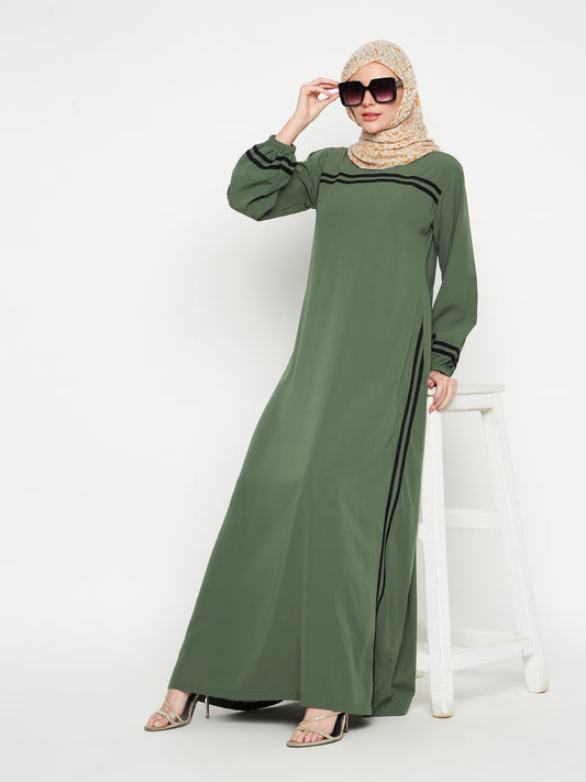 Nabia Women Jade Green Solid Aline Abaya Burqa with Black Georgette Scarf