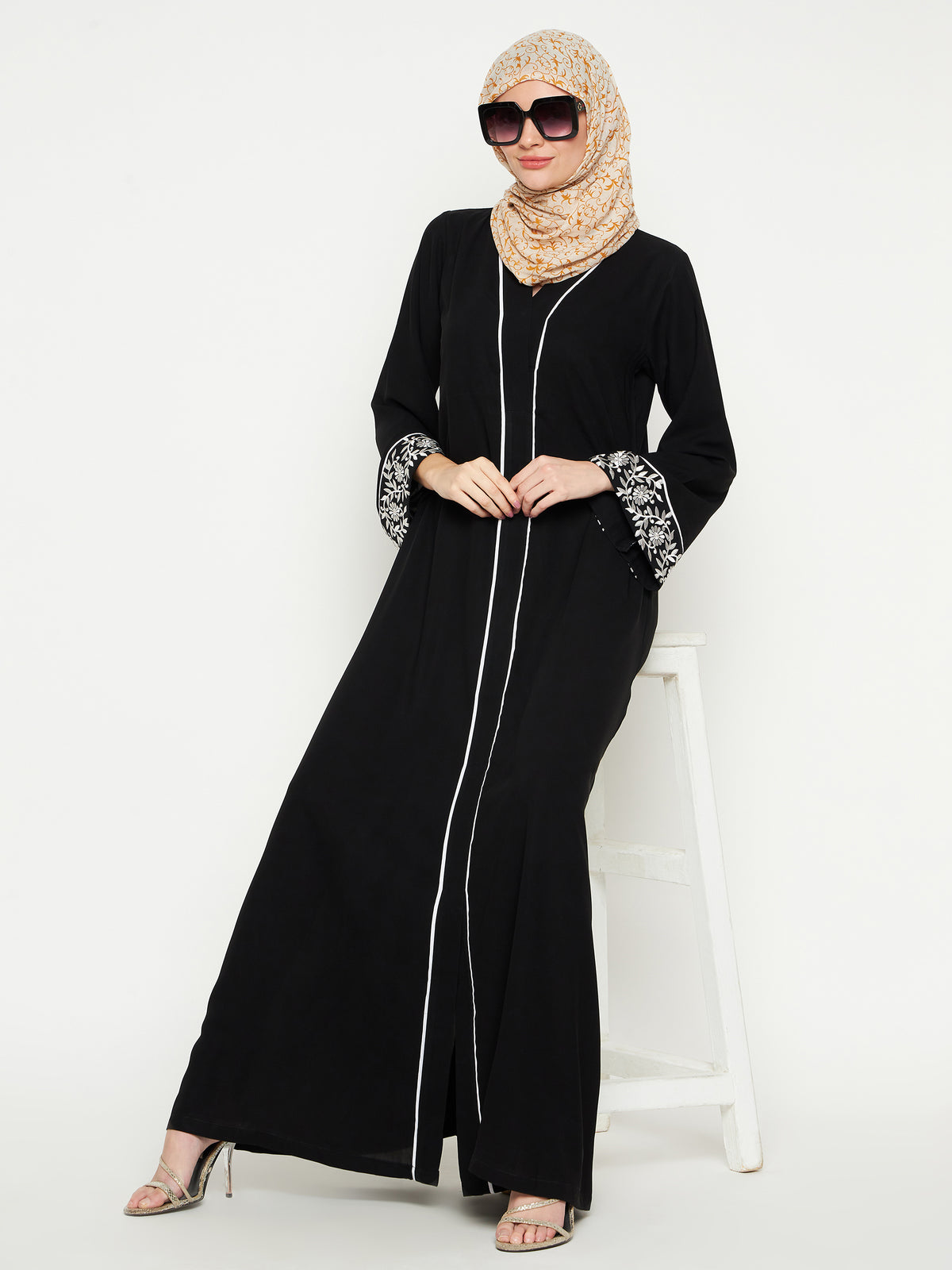 Nabia Women Embroidery Black Solid Abaya Burqa With Black Georgette Scarf
