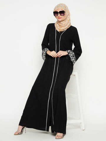Nabia Women Embroidery Black Solid Abaya Burqa With Black Georgette Scarf