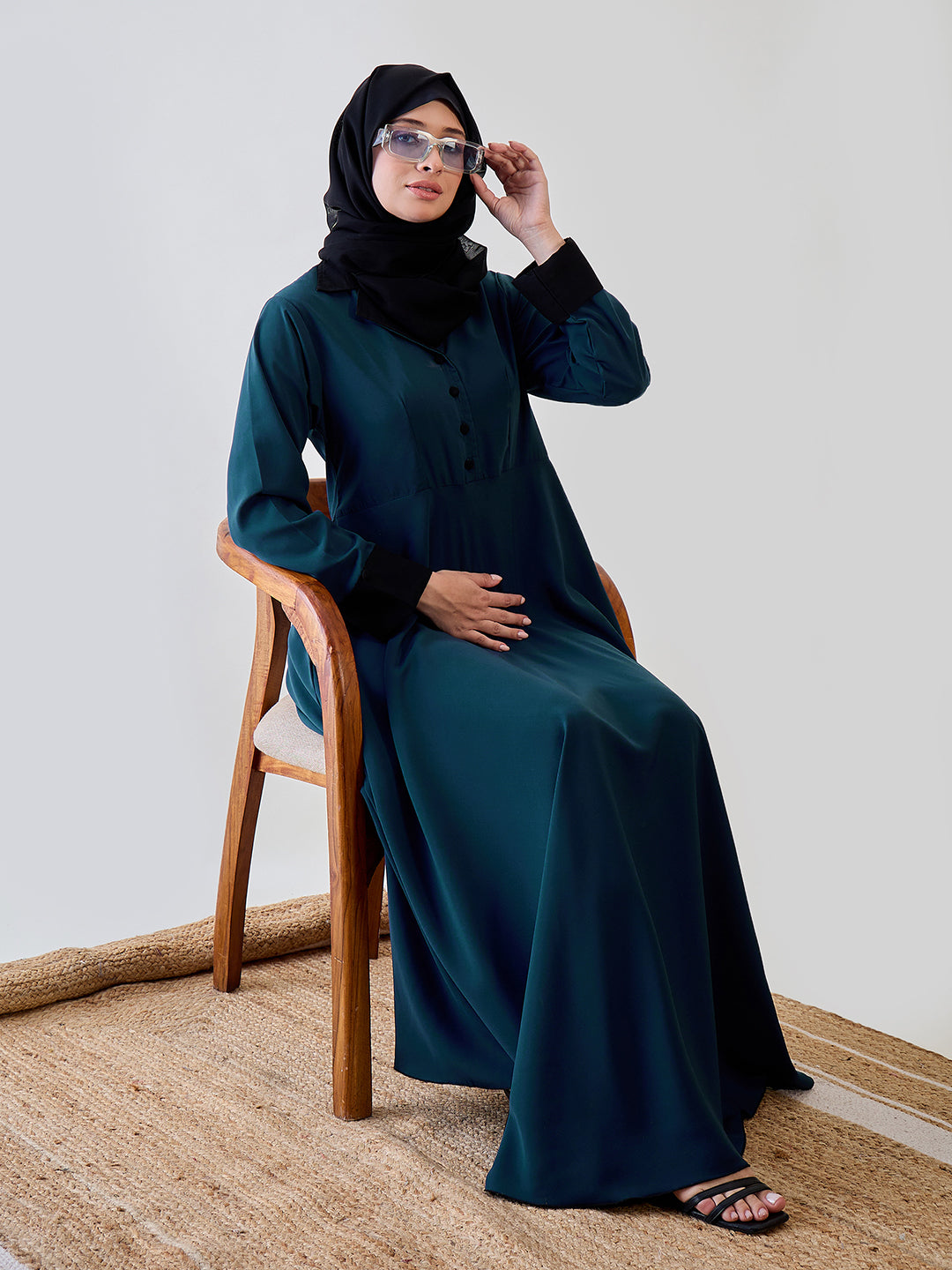 Nabia Women Teal Solid Coat Type Abaya Burqa With Black Georgette Hijab