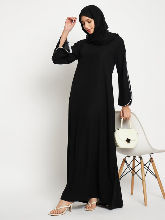 Nabia Women Black Solid White Piping Design A-line Abaya Burqa With Black Scarf